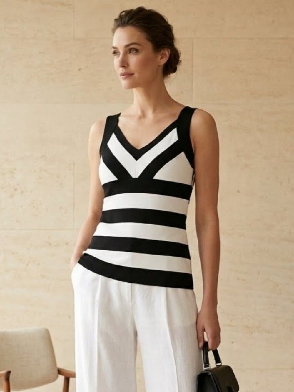 Joseph Ribkoff Monochrome Chevron Striped V‑Neck Tank Top